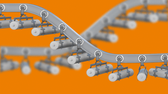 Hängefördertechnik mit xiros® Kugellagern für Silikonkartuschen