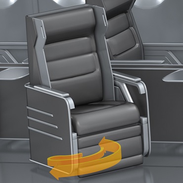 Vliegtuiginterieur: kabelrups in roterende stoelafstelling